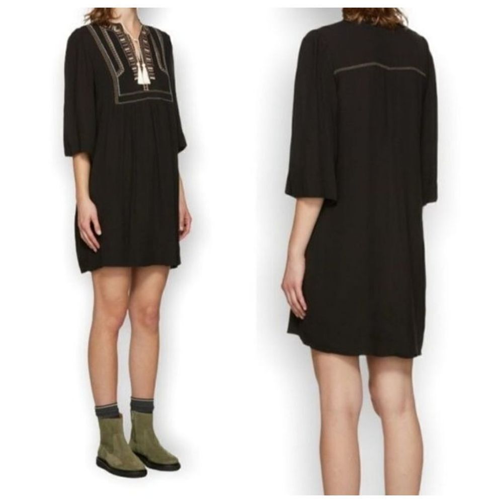 ISABEL MARANT ETOILE Black Clara crepe embroidered Tassel Dress Size 36 EU/ US S